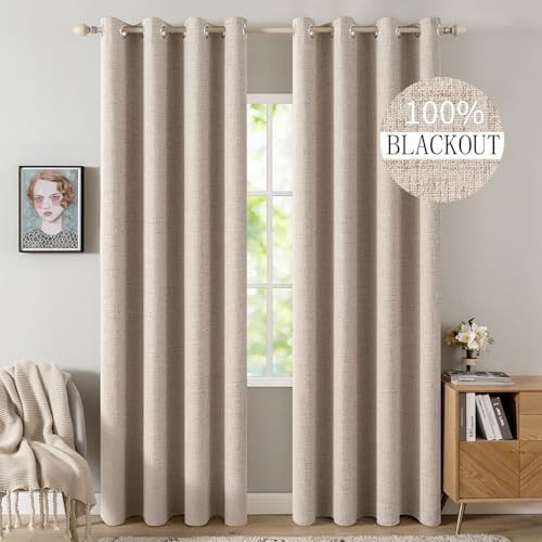 Beige faux linen blackout curtain 96 inch