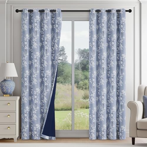 Blue Floral Pattern Total Blackout Curtains