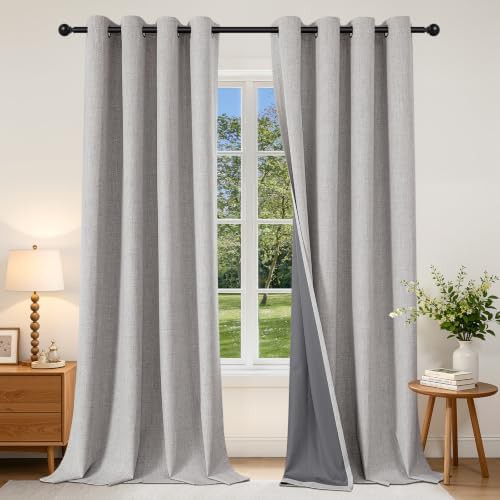Grey faux linen grommet curtains 96 in