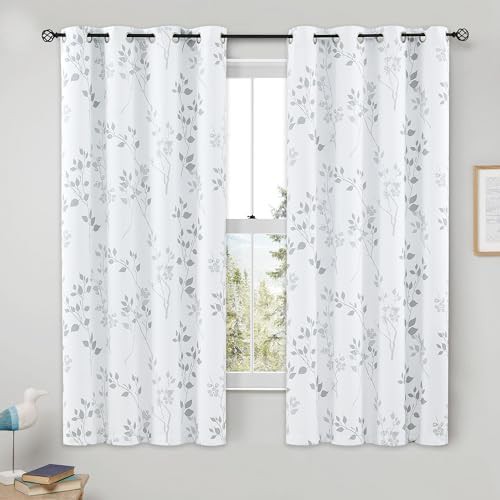 Floral blackout curtains grey white 63 in