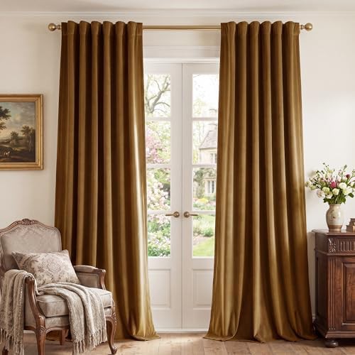 Gold brown boho velvet curtains 84 in