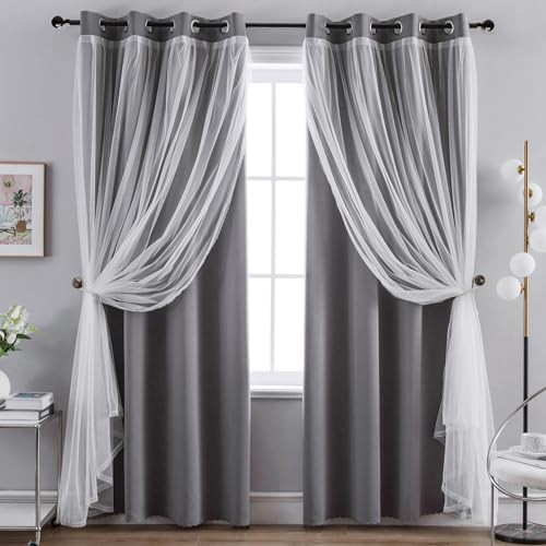 Grey Double Layer Sheer Blackout Drapes