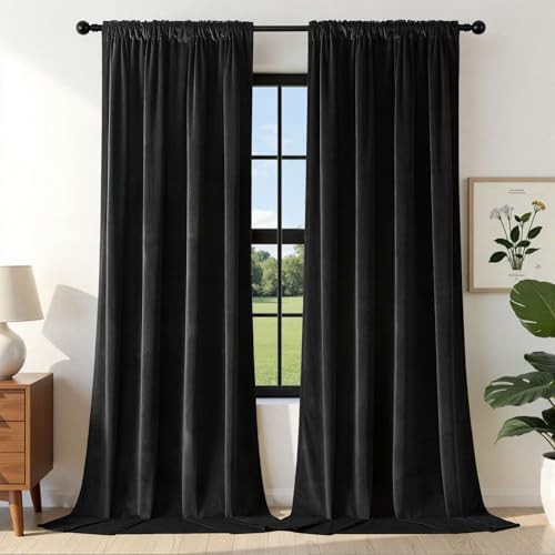 Black velvet rod pocket curtains 90 in