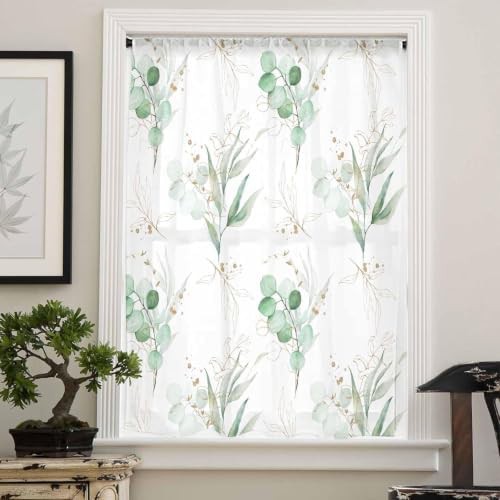 Watercolor green eucalyptus leaves 45 inch sheer curtain — photo 4