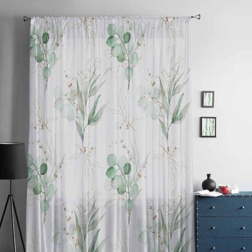 Watercolor green eucalyptus leaves 45 inch sheer curtain — photo 5