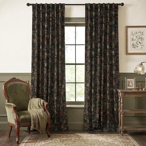 Black velvet vintage floral curtains 84 in