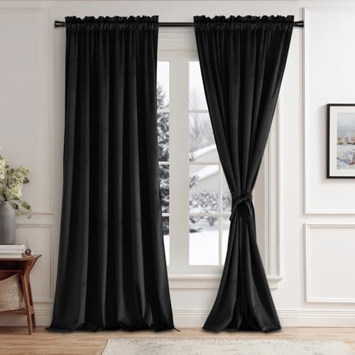 JIUZHEN black velvet blackout curtains with tiebacks