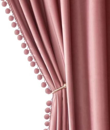 Blush pink pom pom velvet curtain 84 in