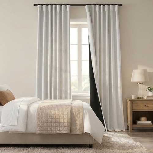 Greyish white linen 96 inch pleated drapes