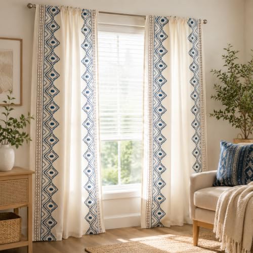 Ivory boho curtains with blue embroidery — photo 3