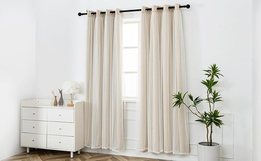 Beige blackout curtains with sheer overlay 84 in — photo 3
