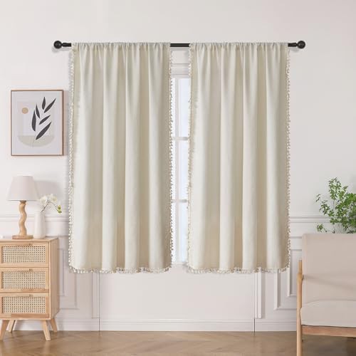 Beige Boho Linen Curtains with Tassels 63 in