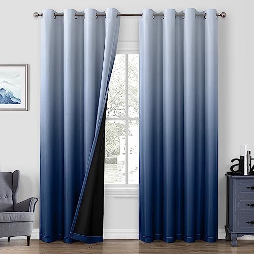 Ombre navy blue total blackout curtains 84 in