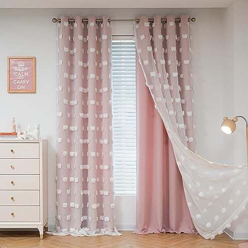 Pink pom pom sheer overlay blackout curtain