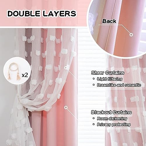 Pink pom pom sheer overlay blackout curtain — photo 3