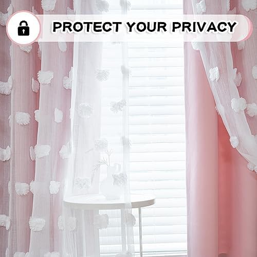 Pink pom pom sheer overlay blackout curtain — photo 5