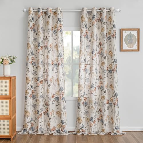 Yellow floral linen grommet curtain 95 in