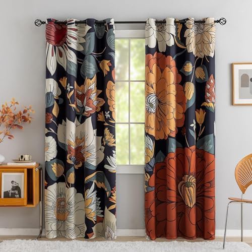 Black boho floral grommet blackout drapes 52