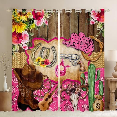Pink cowgirl western window curtains with cow print