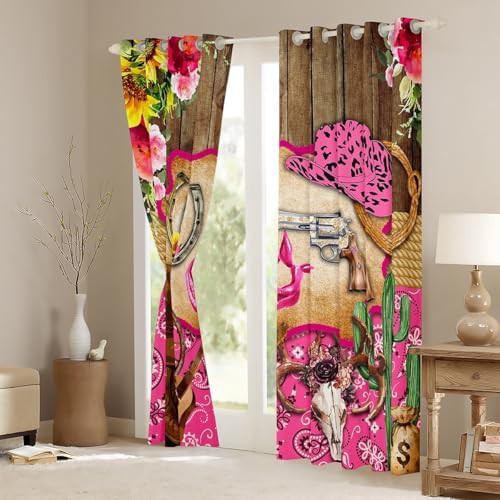 Pink cowgirl western window curtains with cow print — photo 3