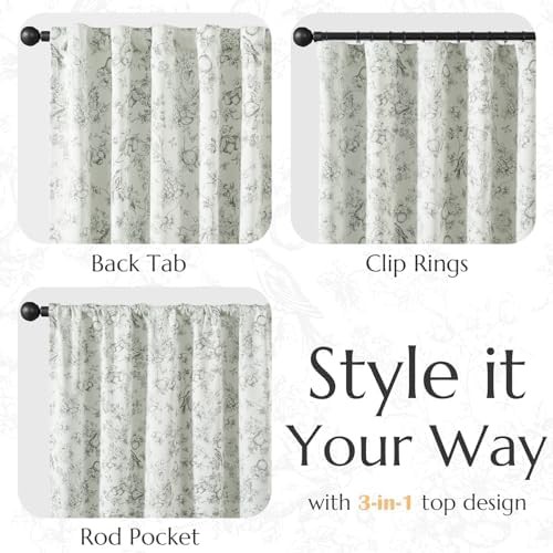 Green floral vintage back tab 84 inch drapes — photo 4