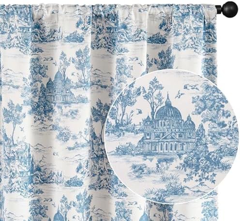 Blue floral toile back tab 96 inch drapes