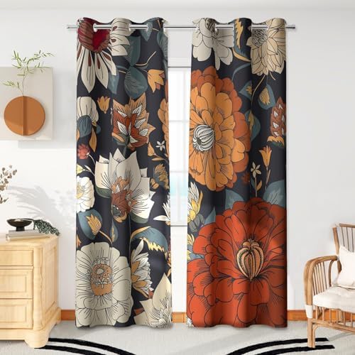 Black boho floral grommet blackout curtains 84