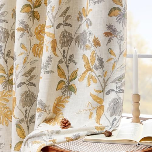 Yellow leaf linen total blackout 63 inch curtains