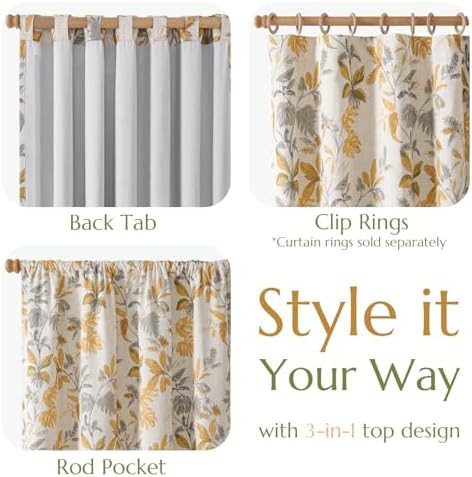Yellow leaf linen total blackout 63 inch curtains — photo 3