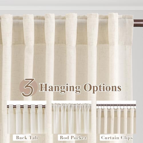 Extra long beige linen back tab curtains — photo 3