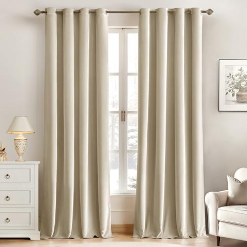 Beige grommet velvet curtain set 84 in