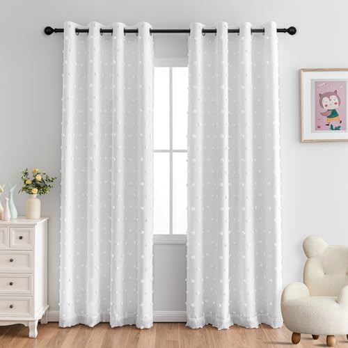 White pom pom total blackout curtains for girls room