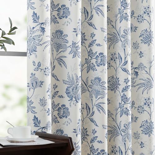 Blue jacobean floral 84 inch bedroom curtains