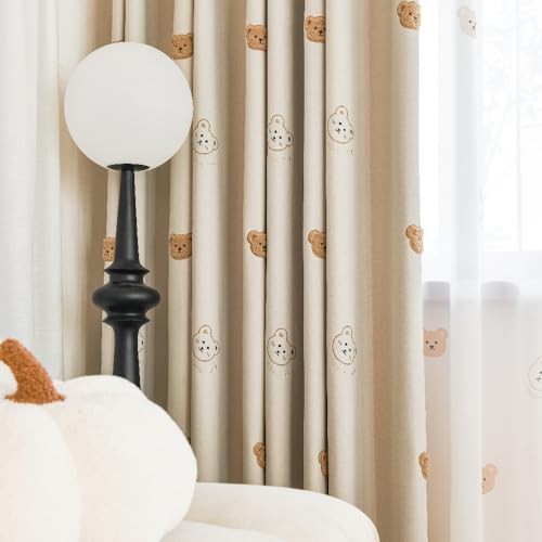 Beige cartoon bear embroidered grommet curtains — photo 4