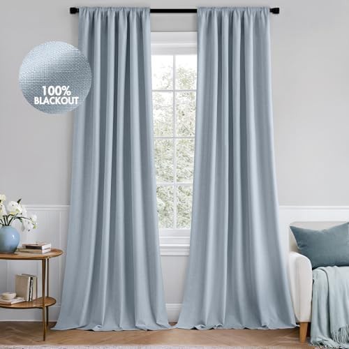 Chambray blue linen back tab curtains 84 in
