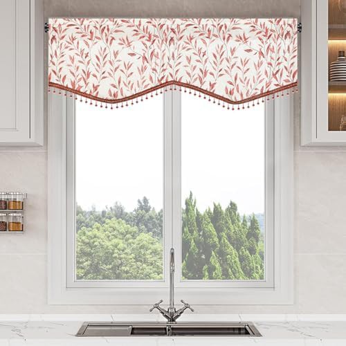 Red leaf print scalloped valance with beads