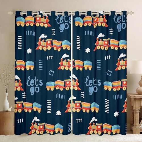 Cartoon train navy yellow living room curtain
