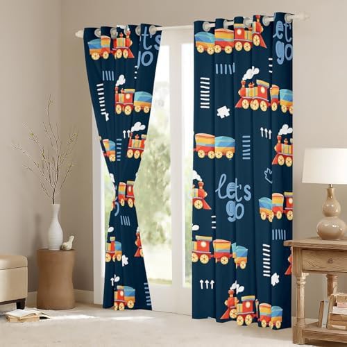 Cartoon train navy yellow living room curtain — photo 3