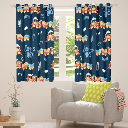 Cartoon train navy yellow living room curtain — photo 4