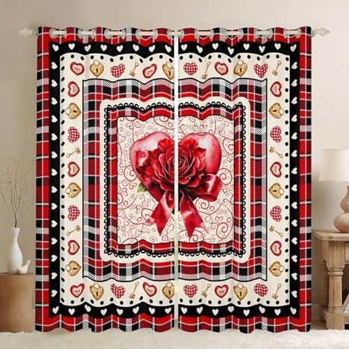 Valentine plaid love rose floral window curtains