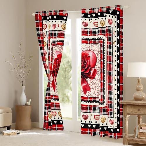 Valentine plaid love rose floral window curtains — photo 3