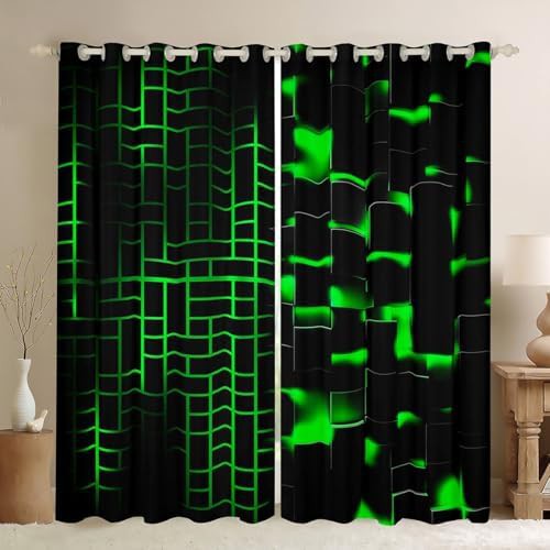 Green and black geometric checker window curtains