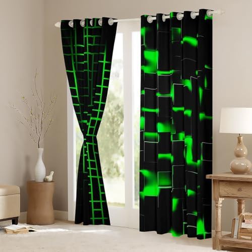 Green and black geometric checker window curtains — photo 3