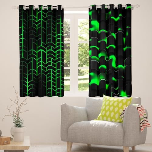 Green and black geometric checker window curtains — photo 4