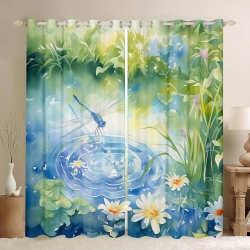 Dragonfly and summer pond flower window curtains