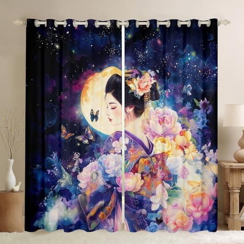 Japanese geisha flower moonlit night blackout curtain