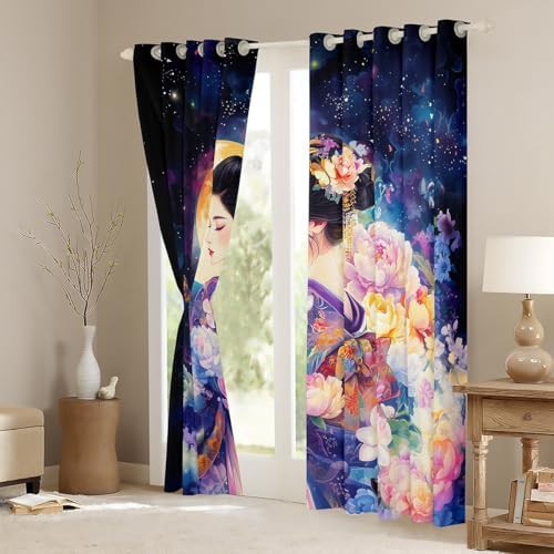Japanese geisha flower moonlit night blackout curtain — photo 3