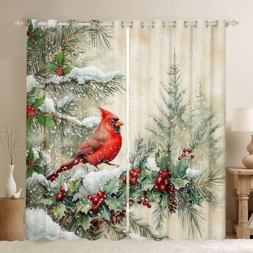 Cardinal bird berry winter snow blackout curtain 45 in