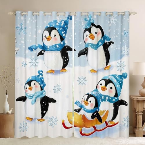 Skiing penguin snowflake blue blackout curtain 84 in
