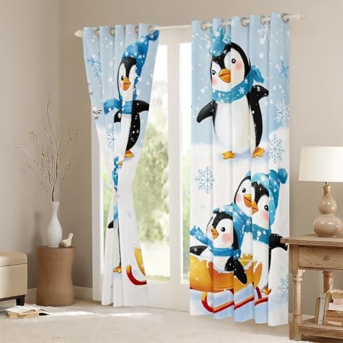 Skiing penguin snowflake blue blackout curtain 84 in — photo 3